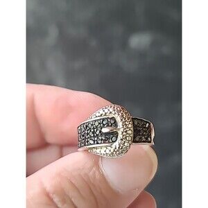 925 Sterling Silver Black Diamond Accent Buckle Ring Vintage, SIZE US 6
